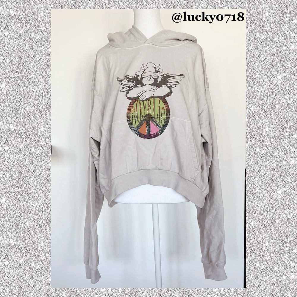Boys Lie Gray Rhinestone Logo Cropped Hoodie Sweatshirt Sz OS